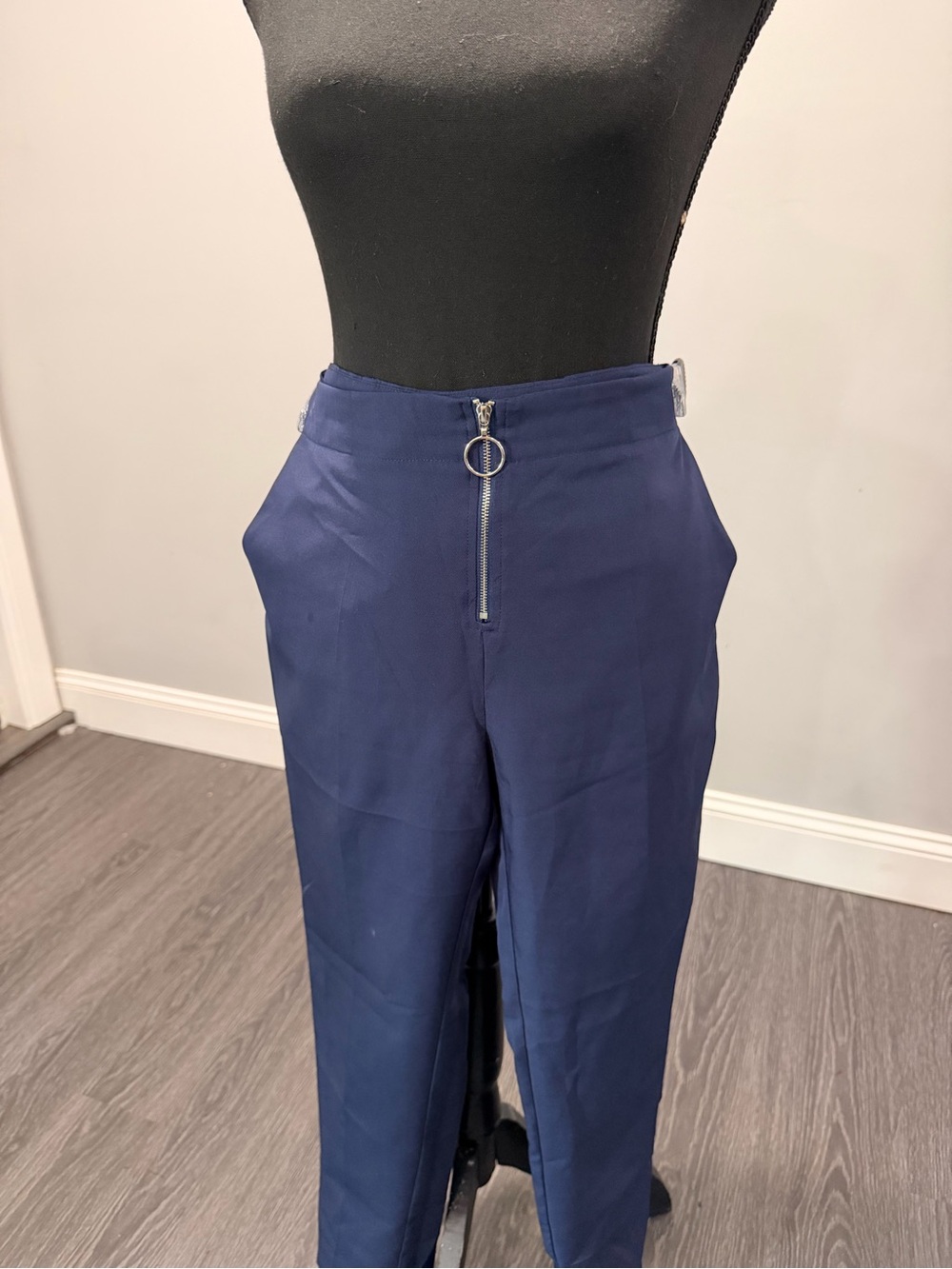 Fashion Nova Navy Straight-Leg High-Rise Pants with Ring Zip